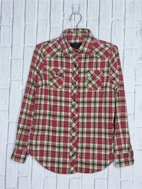 🍒 RQQBA Red Green Plaid Western Pearl Snap Shirt Small Cotton Blend